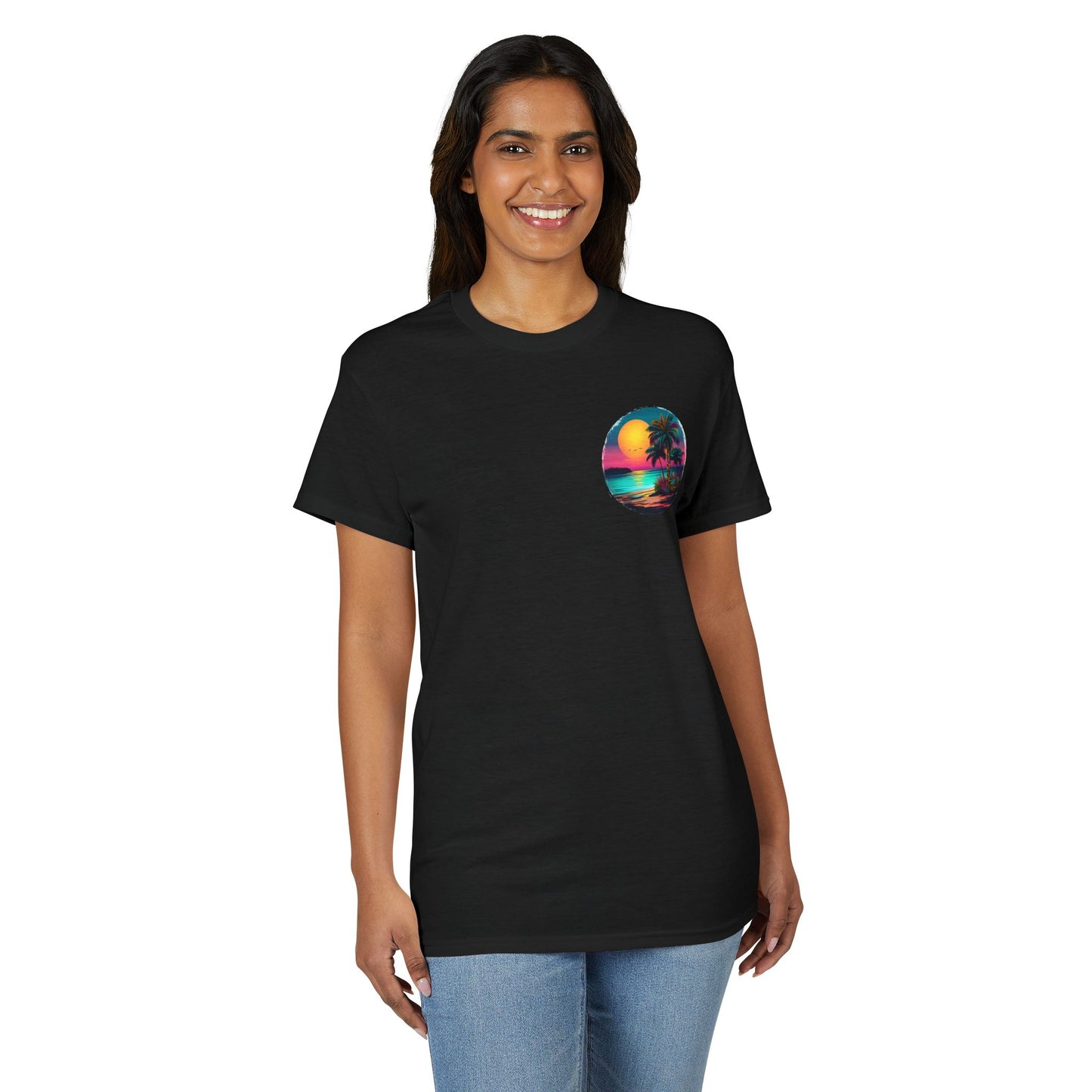 Neon Tropical Sunset T-Shirt | Palm Tree Beach Circle Retro Vibes