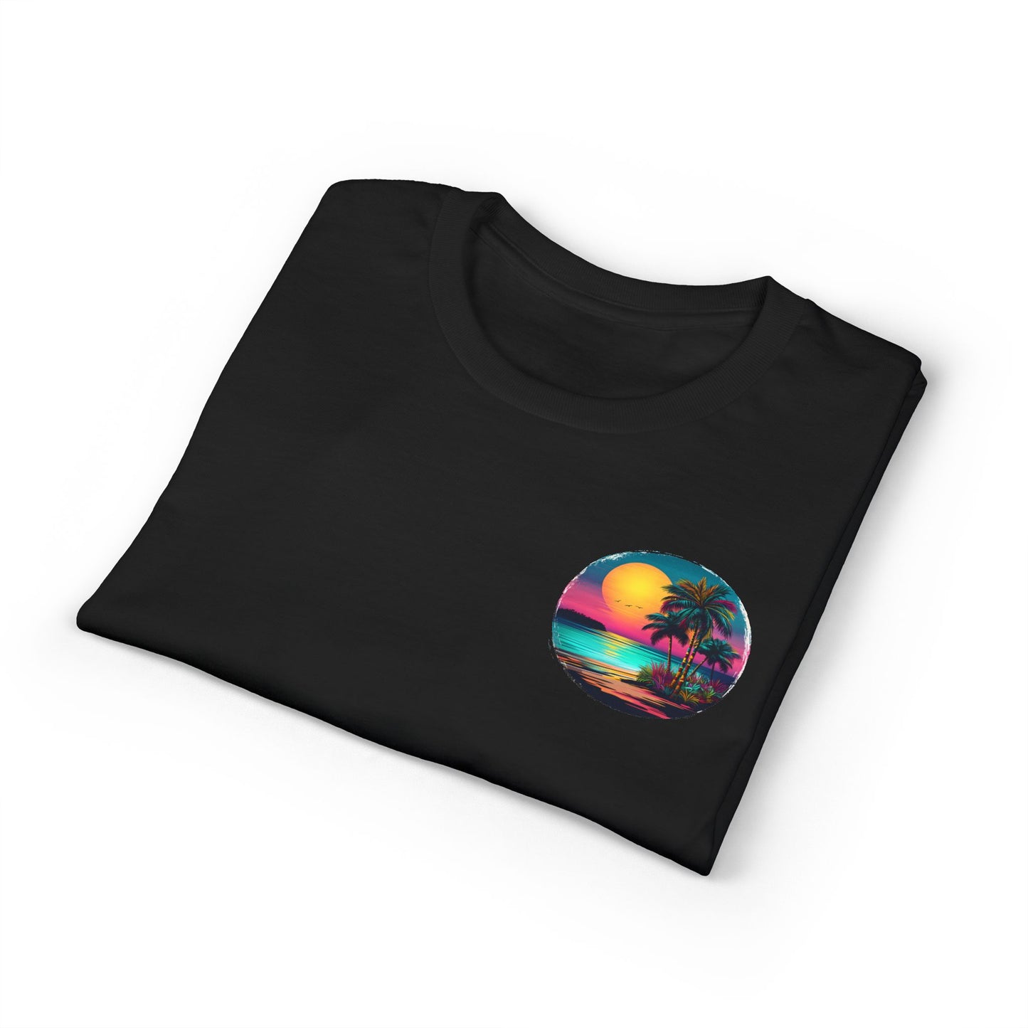 Neon Tropical Sunset T-Shirt | Palm Tree Beach Circle Retro Vibes
