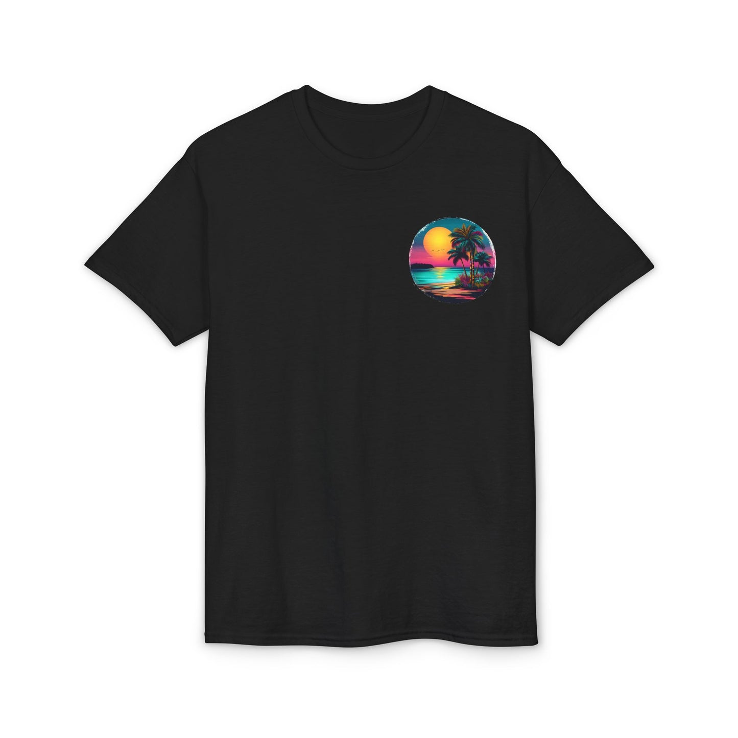 Neon Tropical Sunset T-Shirt | Palm Tree Beach Circle Retro Vibes